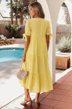 Yellow Gingham Textured Bow Tie Short Sleeve Tiered Midi Dress