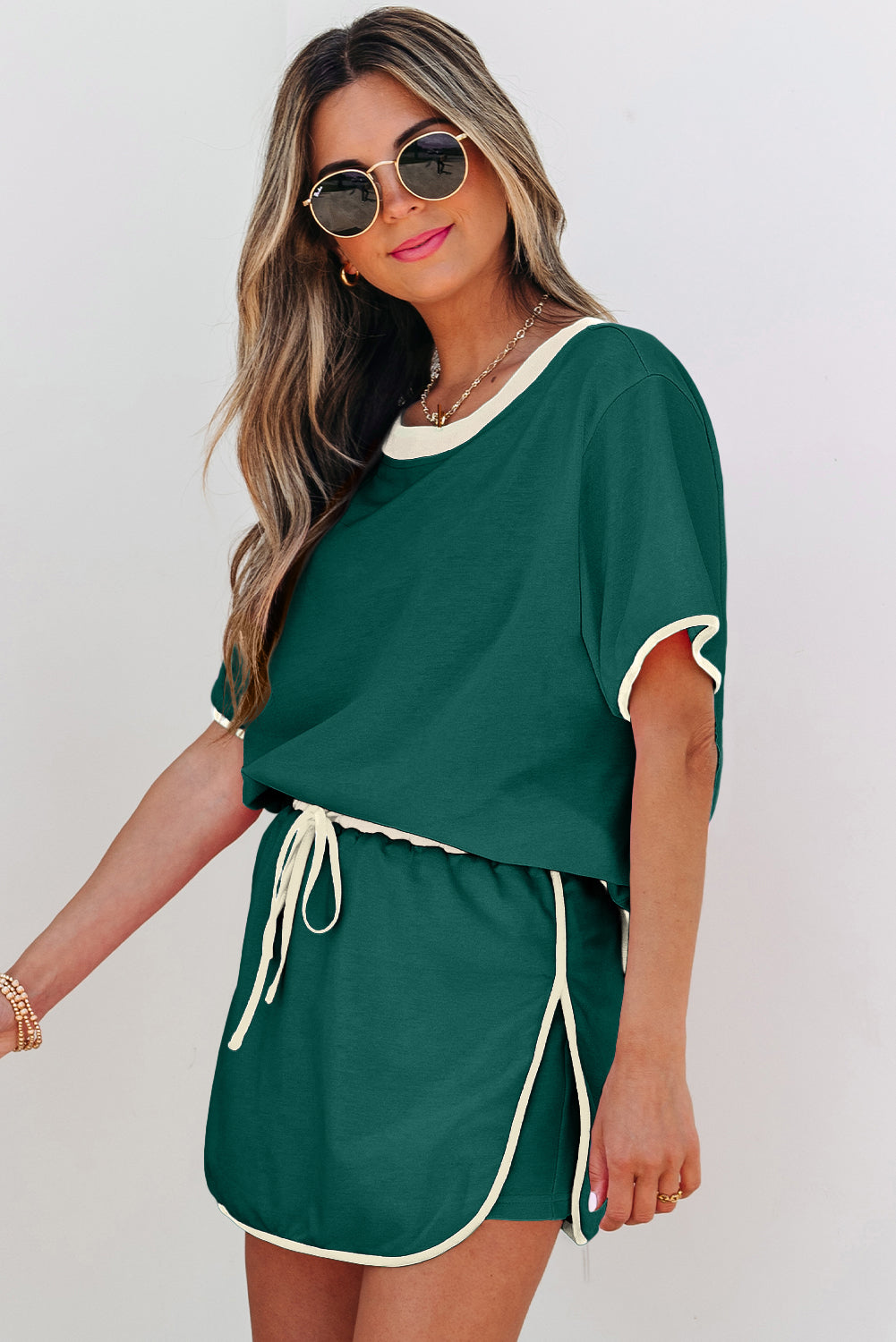 Color Block Edge Drop Shoulder T Shirt and Skort 2Pcs Set