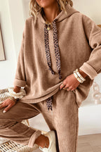 Leopard Drawstring Pullover Hoodie and High Waist Pants Corduroy Suit