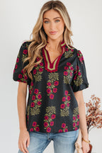 Floral Short Bubble Sleeve Contrast Slit Neckline Blouse