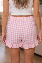 Gingham Print Ruffle Striped Detail Lace Tie Shorts