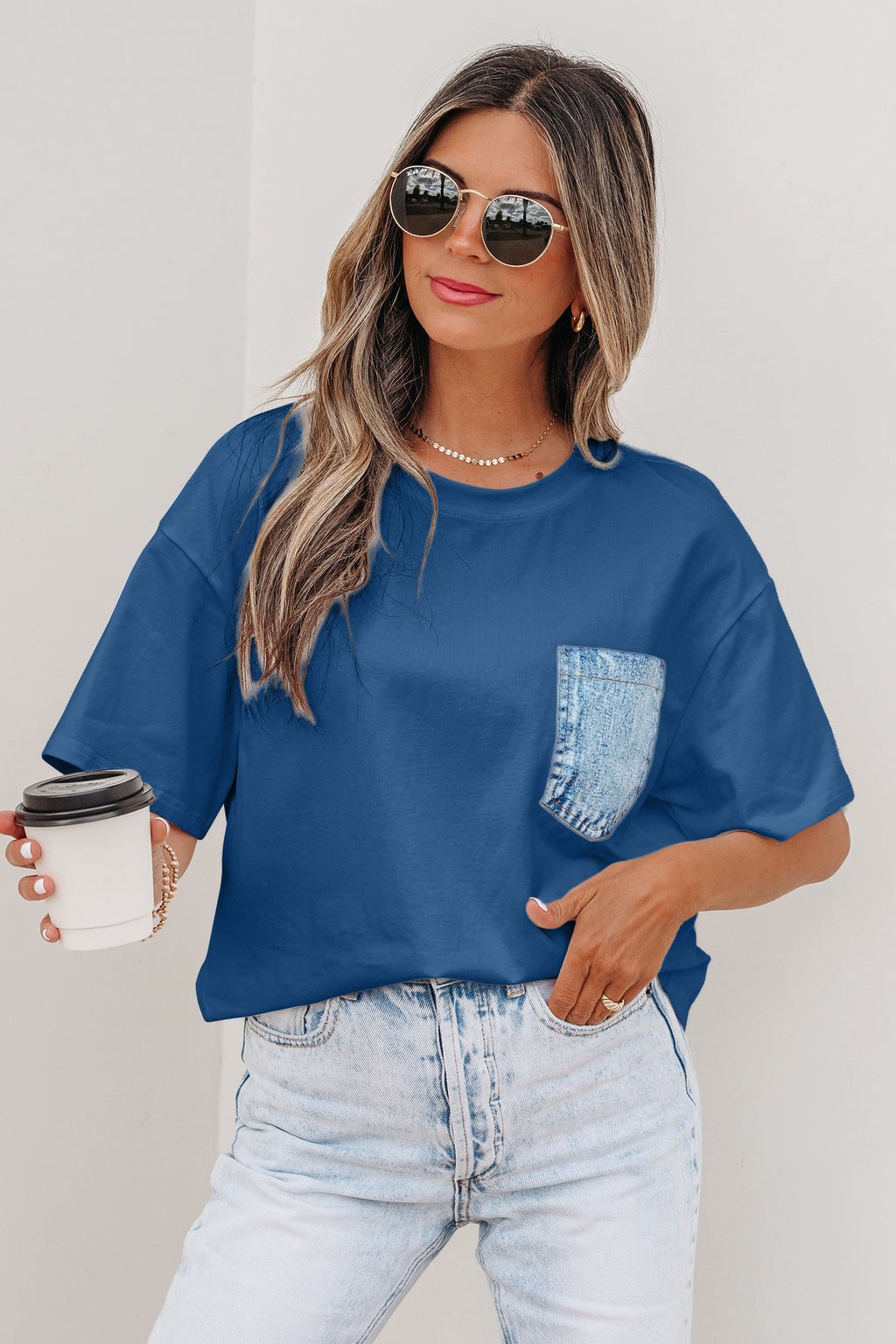 Color Block Chest Pocket Patched Casual Short Sleeve Top