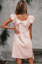 Textured Flutter Sleeve Square Neck Bow Back Mini Dress