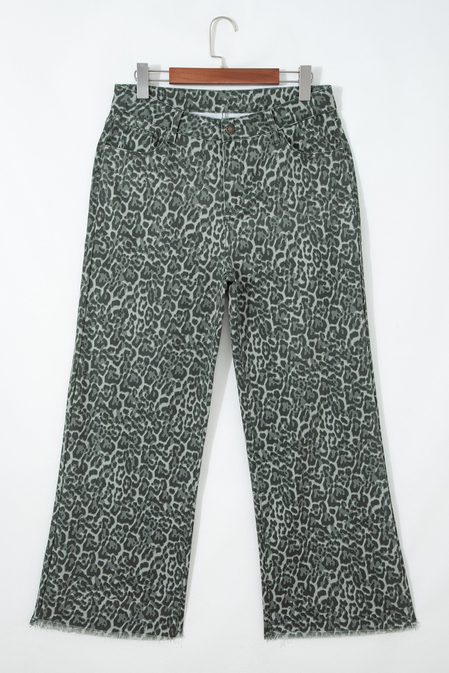Grey Leopard Frayed Edge Wide Leg High Waist Jeans