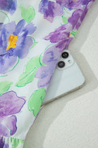 Purple Floral V Collar Short Sleeve Tiered Ruffle Mini Dress
