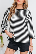 Striped Print Drop Shoulder Lace Trim Bracelet Sleeve Loose Top