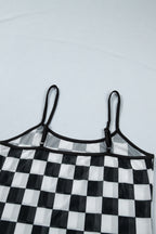 Black Sheer Checkered Print Spaghetti Straps Slim Tank Top