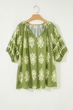 Boho Chic Notched V Neck Plus Floral Short Sleeve Top