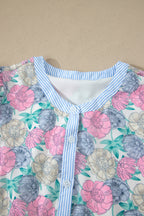 White Floral Print Striped Contrast Trim Belted Short Dress