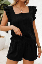 Textured Square Neck Top and Shirred High Waist Shorts Set