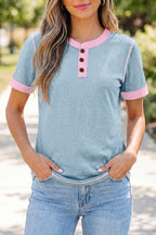 Raw Seam Color Block Detail Buttoned Henley Tee