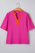 Rose Red Contrast V Neck Colorblock Wide Short Sleeve Top
