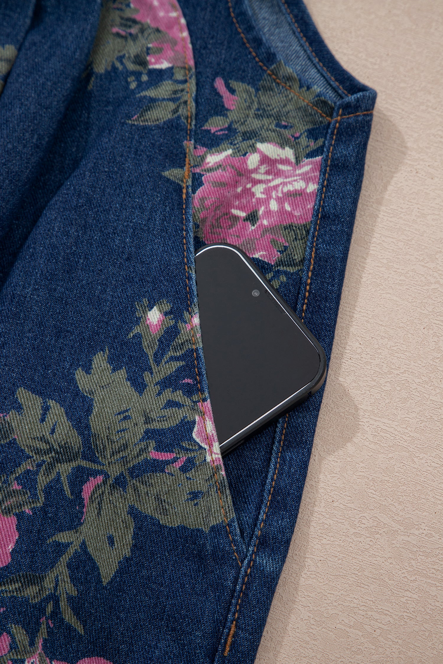 Floral Print Pleated High Waist Wide Leg Denim Jumpsuit