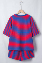Navy Stripe Striped Ribbed Cotton Two-Piece Short Set with Chest Patch Detail