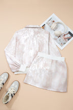 White Abstract Woodland Print Balloon Sleeve Pullover Drawstring Mini Skort Set