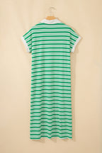 Green Stripe Collared V Neck Short Sleeve T Shirt Midi Dress with Pockets