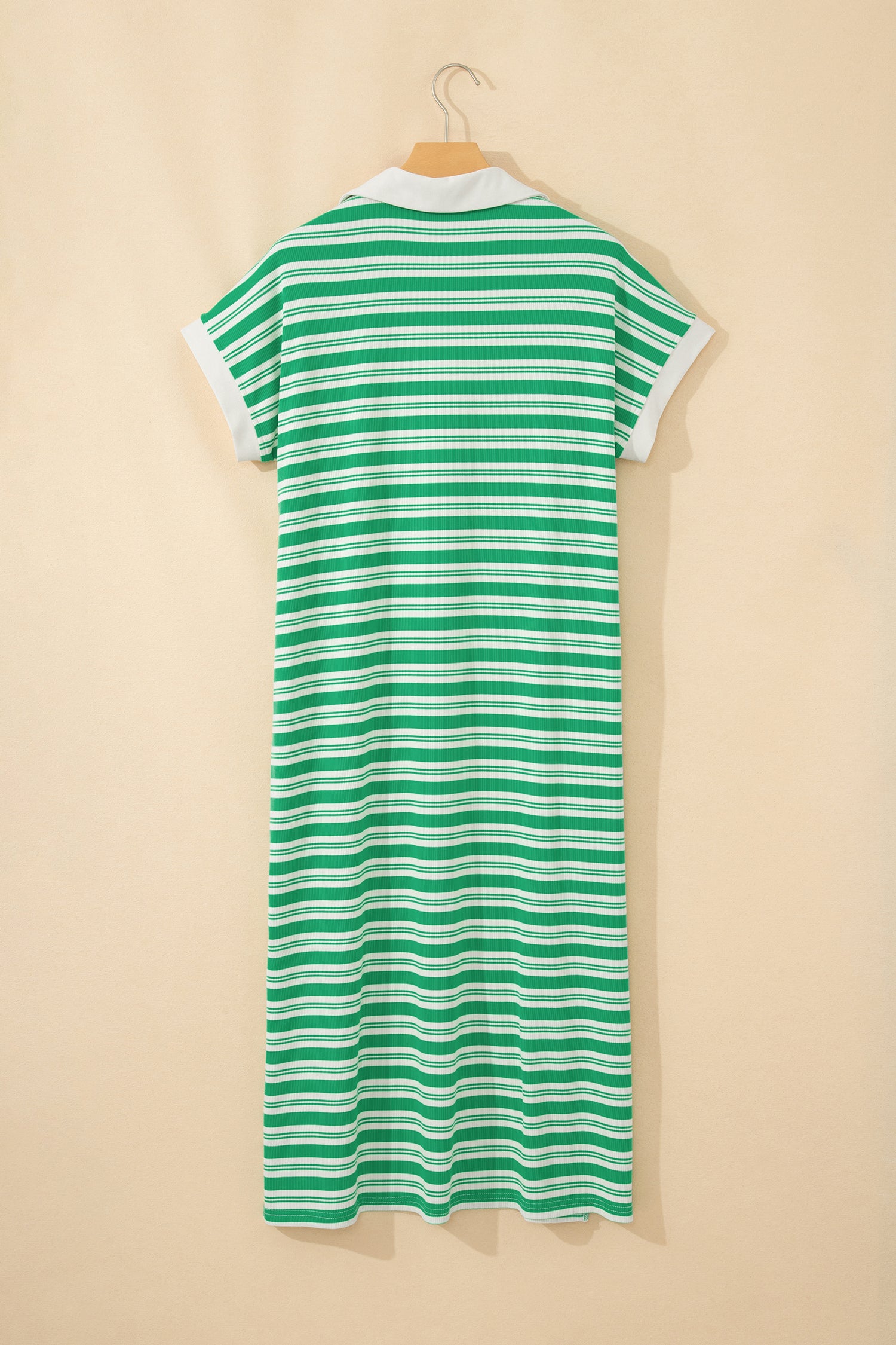 Green Stripe Collared V Neck Short Sleeve T Shirt Midi Dress with Pockets