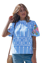 Sky Blue Unique Geometry Print Floral Embroidered Puff Sleeve Blouse