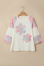 Beige Color Block Retro Floral Patchwork Long Sleeve Top