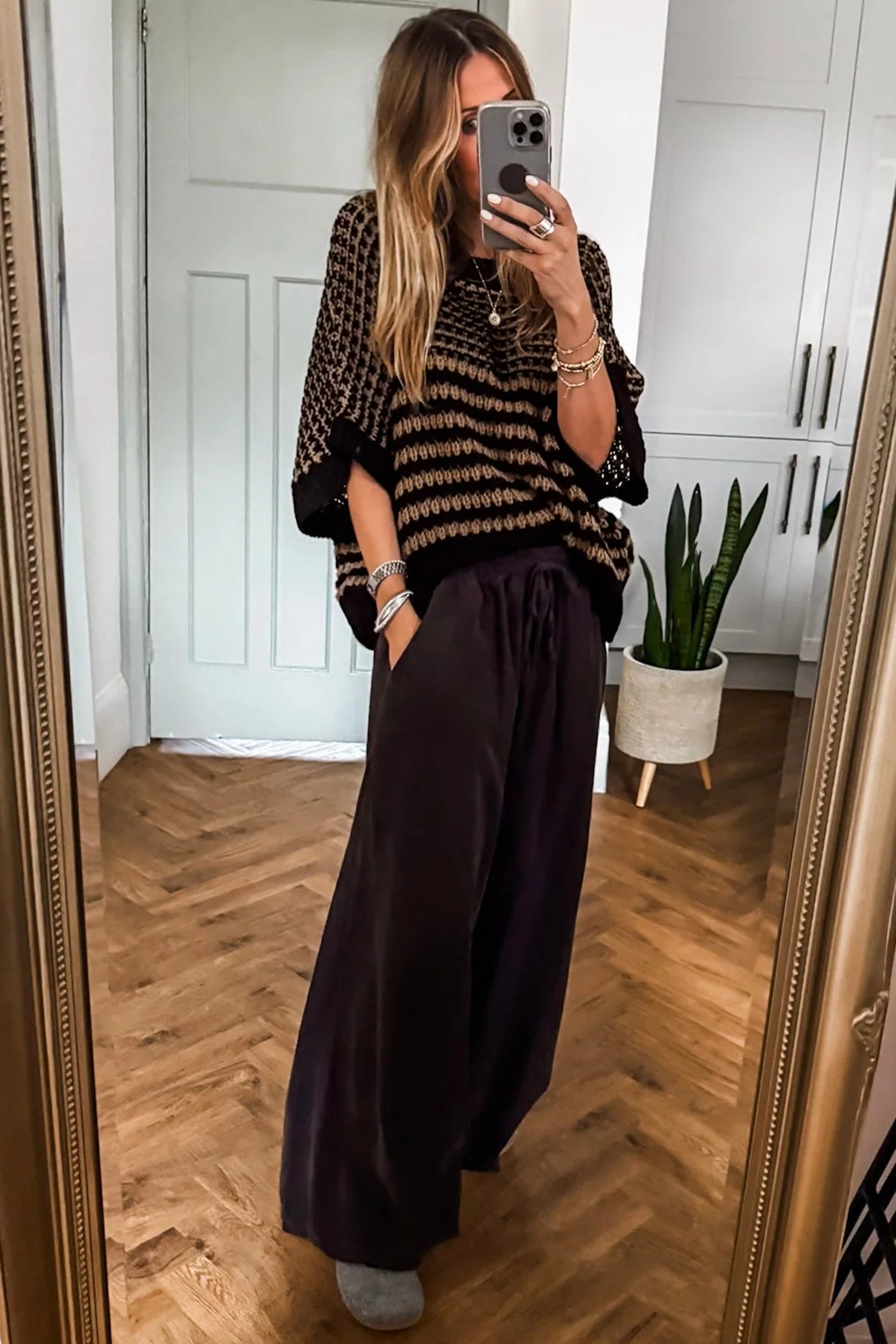 Striped 3/4 Draped Sleeve Slouchy Sweater