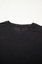 Black Solid Color Bow Textured Patchwork Long Sleeve Tee