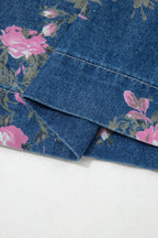 Blue Retro Floral Print Tie Elastic Waist Button Pintuck Wide Leg Jeans