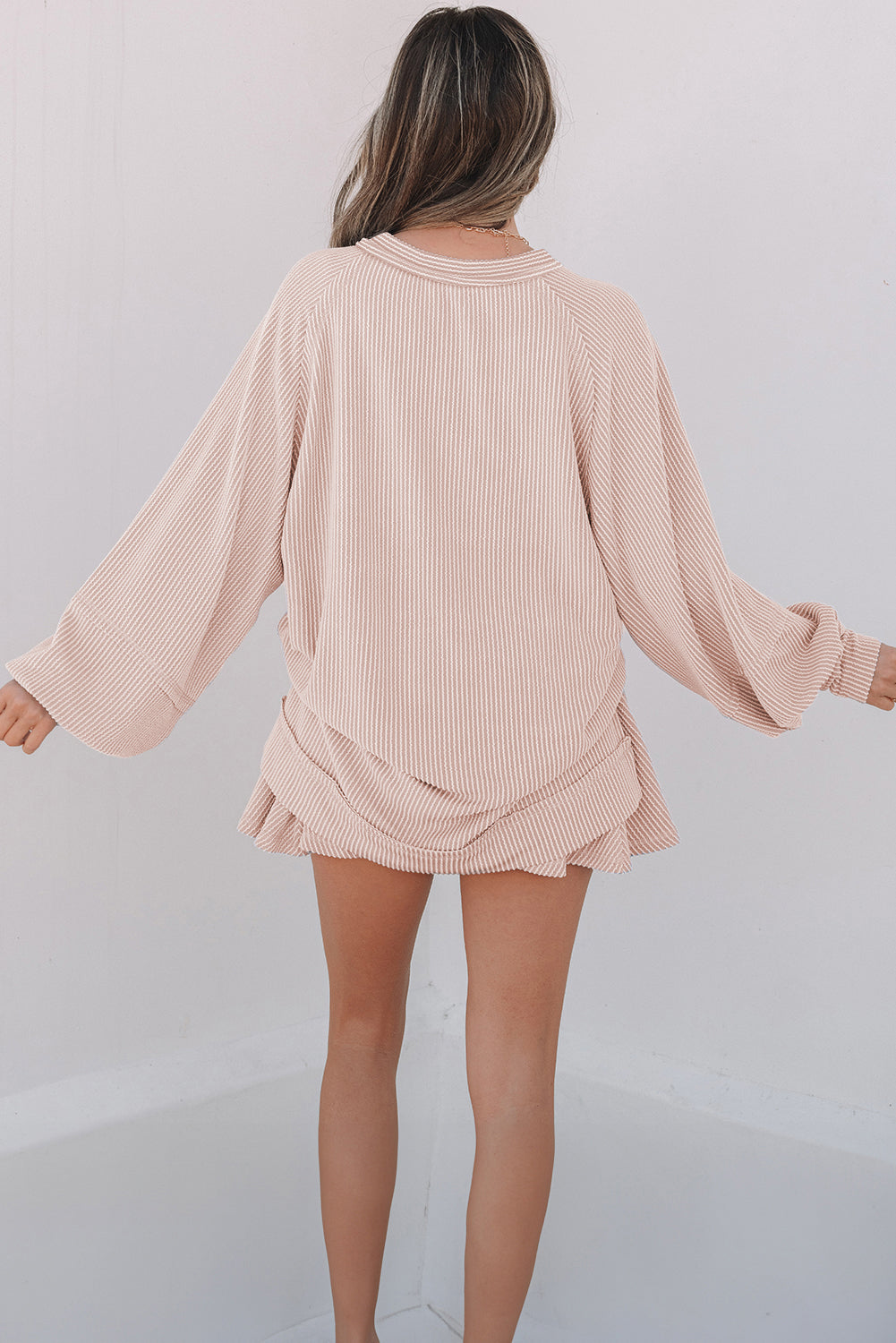 Corded Lantern Sleeve Top High Waist Ruffled Mini Skort Set