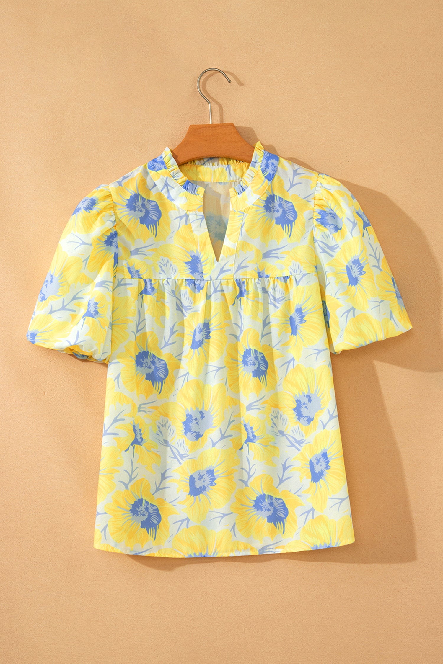 Short Bubble Sleeve Summer Floral Blouse