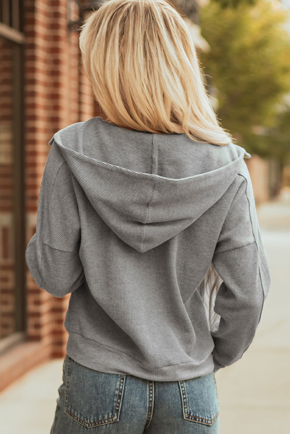 Waffle Splicing Zip Up Front Button Hooded Jacket