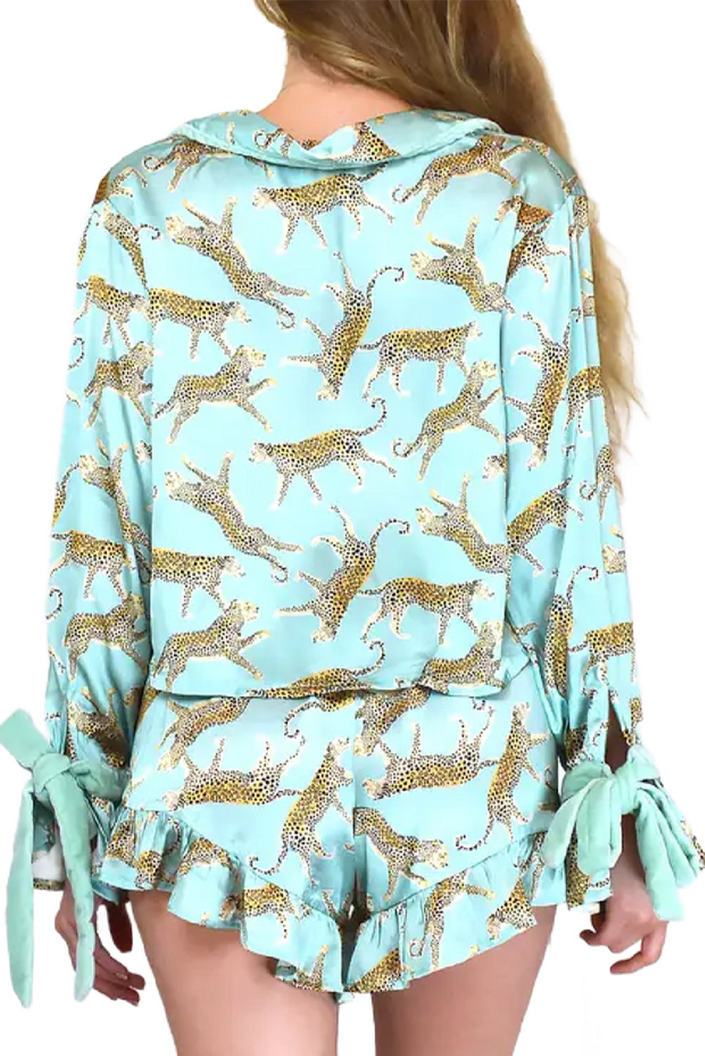 Green Leopard Satin Ruffle Pyjama Short Set