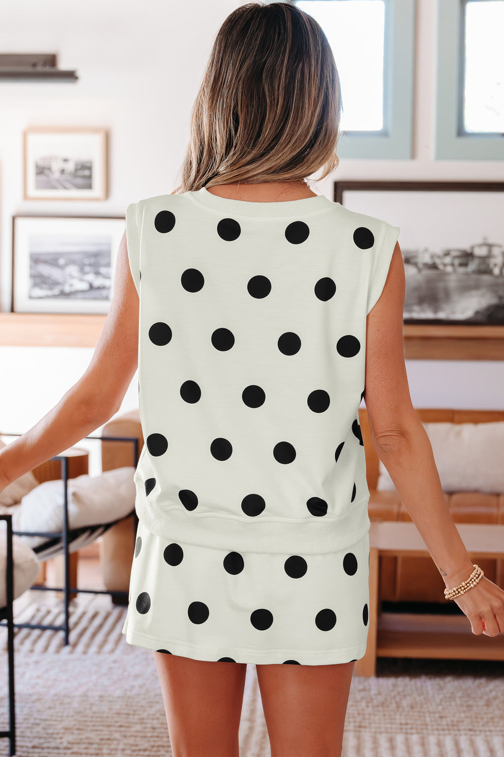 Ribbed Trim Polka Dot Print Tank Split Mini Skort 2pcs Set
