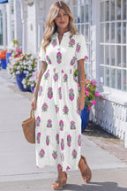 Floral Print Split Neck Shirred High Waist Ruffle Hem Maxi Dress