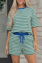 Striped Drop Shoulder Boxy Casual Terry Short Set