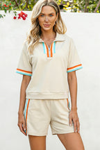 Apricot Colorful Striped Detail Half Zip Polo Tee Loose Shorts Set