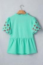 Mint Green Frilled V Neck Flower Embroidered Puff Sleeve Textured Blouse
