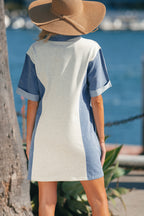 Light Grey Denim Color Block Patchwork Button Polo Collar T Shirt Tunic Dress