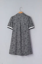 Black Leopard Print Contrast Striped Trim Polo Collar Short Sleeve Dress with Pockets