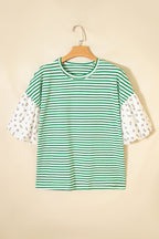 Striped Floral Puff Sleeve Patchwork Round Neck Loose Top