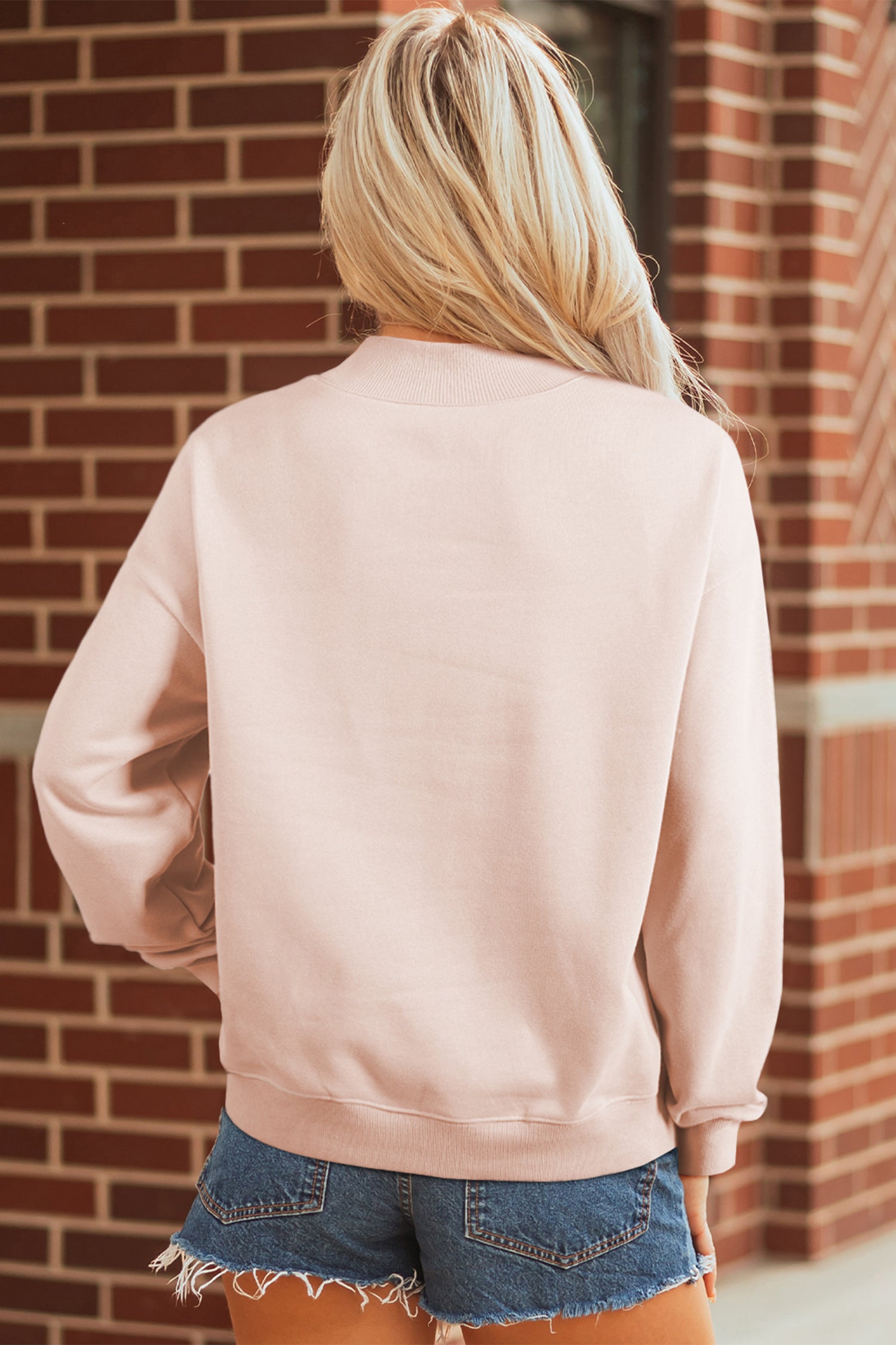 Light Pink Sequin Heart Patched Love Cake Mock Neck Sweatshirt