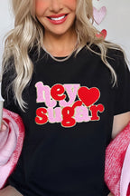Black Chenille Heart hey sugar Patched Crewneck Valentines Tee