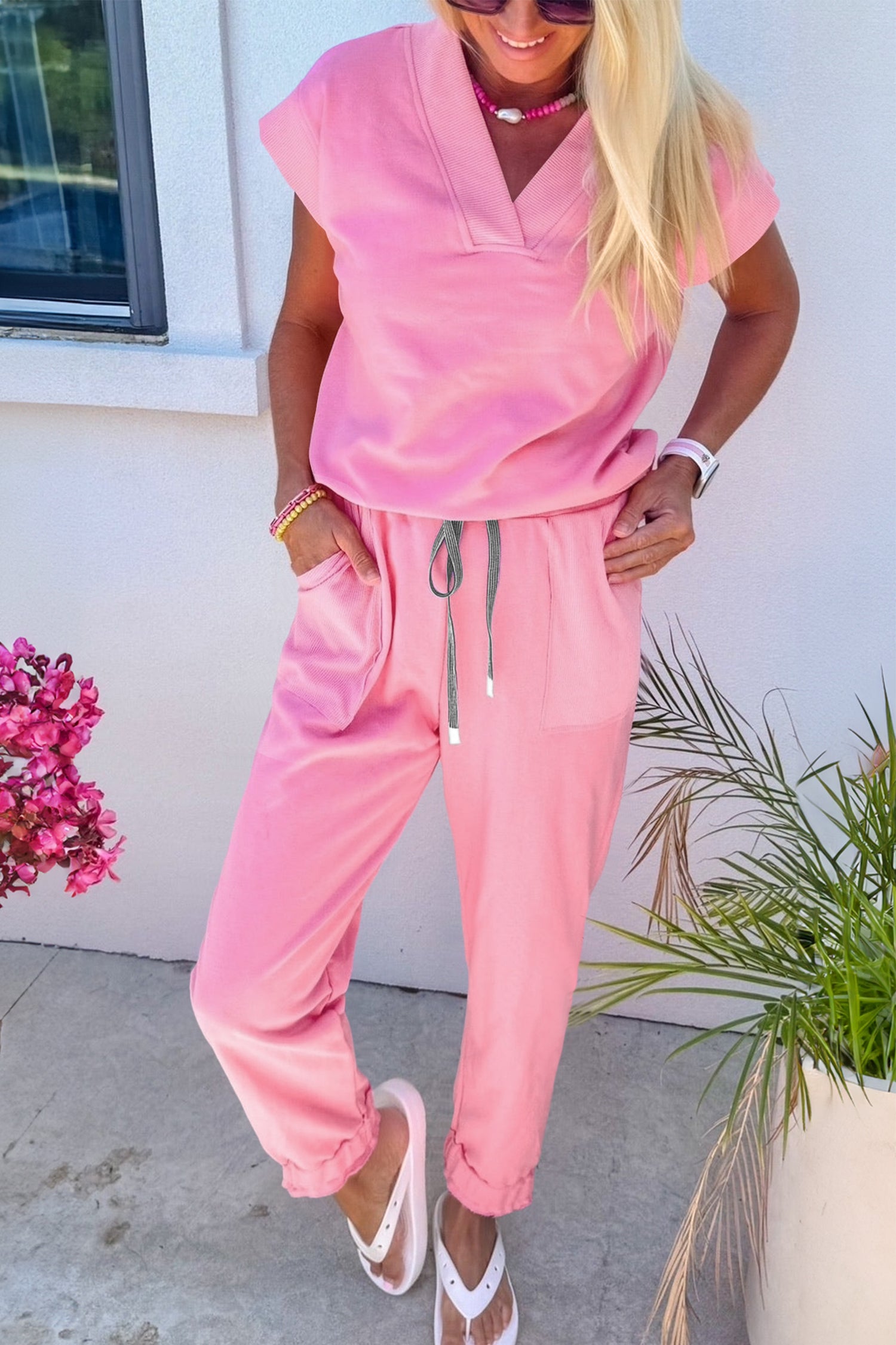 Solid Color V Neck Tee Drawstring Pant Set
