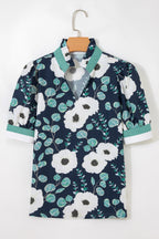 Blue Floral Print Striped Patchwork V Neck Short Sleeve Blouse