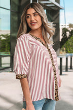 Leopard Trim V Neck Button Down Half Sleeve Shirt