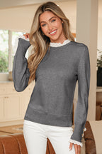 Lace Trim Patchwork Buttoned Cuffs Loose Sweater