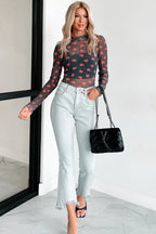 Black Valentines Heart Printed Sheer Mesh Long Sleeve Top