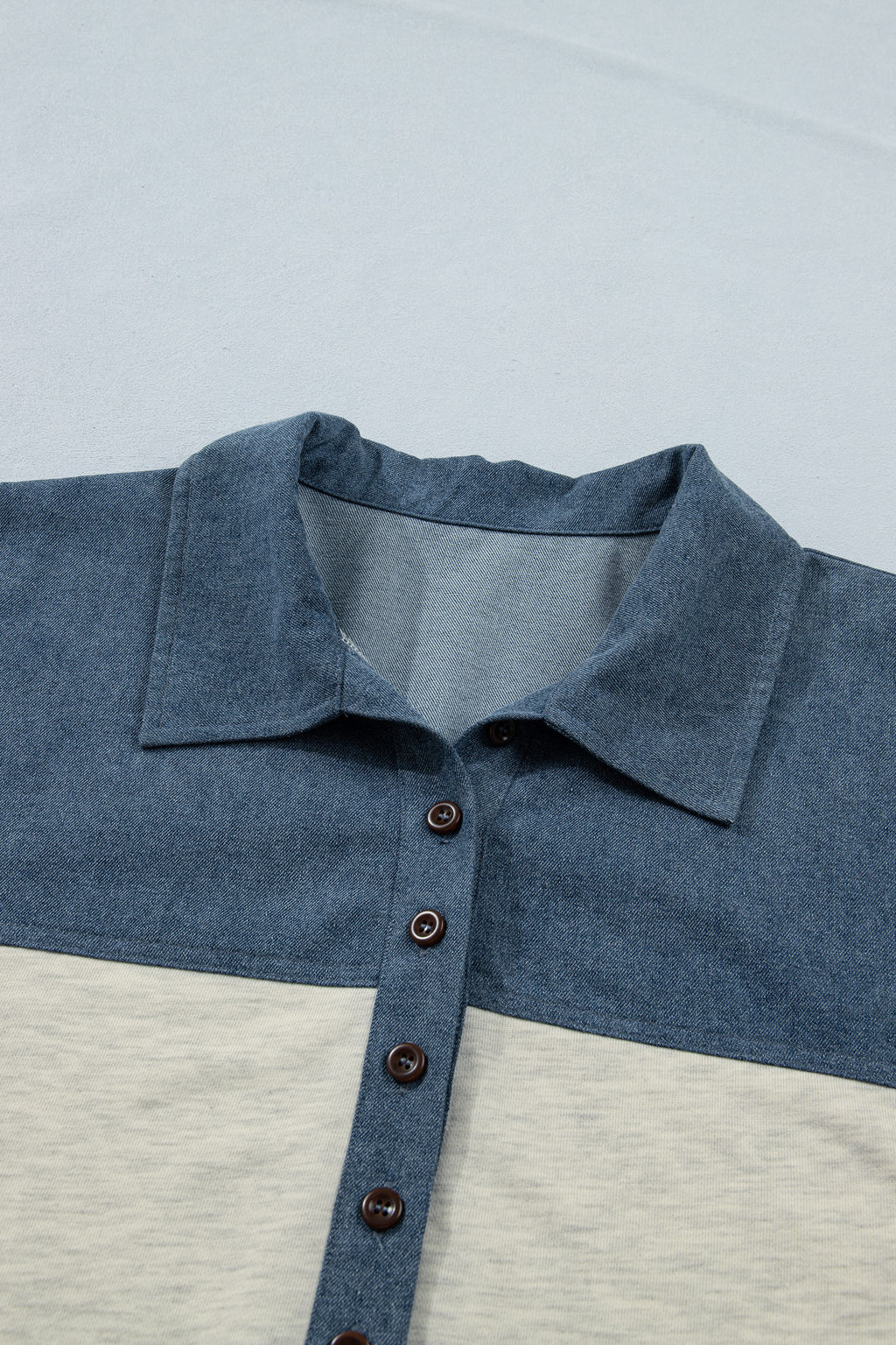 Light Grey Half Buttons Collared Denim Patchwork Plus Size Short Sleeve Top