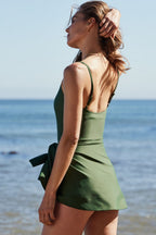 Side Tied Waist Square Neck Adjustable Straps A-line One Piece Swim Dress