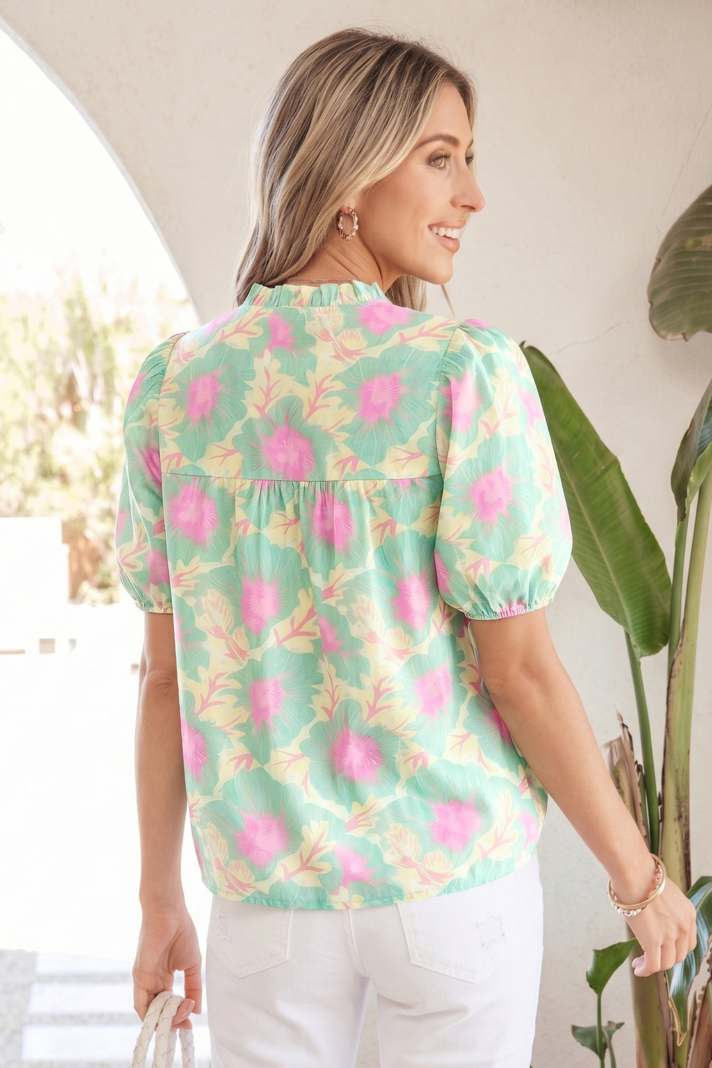 Short Bubble Sleeve Summer Floral Blouse