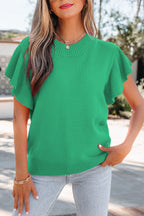 Solid Color Ribbed Trim Round Neck Ruffle Short Sleeve Sweater