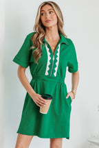 Bright Green Contrast Patchwork Half Zip Elastic Waist Short Sleeve Mini Dress